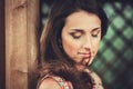 Happy beautiful young woman in spring blossom park. Royalty Free Stock Photo