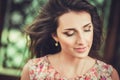 Happy beautiful young woman in spring blossom park. Royalty Free Stock Photo