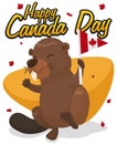 Beaver with Pennant and Maple Leaves in Canada Day, Vector Illustration Royalty Free Stock Photo