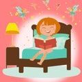 Happy bedtime girl reading book with fairies flying out vector graphic