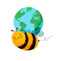 Happy bee cartoon holding planet earth isolated