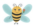 A happy bee flies with a flower in his hand.