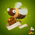 Happy bee with honey barrel and blank ribbon Royalty Free Stock Photo