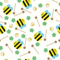 Happy bee with honey comb and honey pot seamless pattern