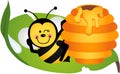 Happy bee sitting on leaf with hive Royalty Free Stock Photo