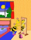 Happy bee wearing bandana in front of mirror cartoon illustration