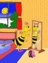 Happy bee wearing bandana in front of mirror inside house cartoon illustration