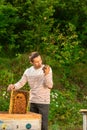 Happy beekeeper spends time in apiary. He holds a honeycomb full of bees. One hand is all in the bees Royalty Free Stock Photo