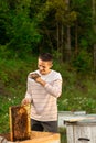 Happy beekeeper spends time in apiary. He holds a honeycomb full of bees. One hand is all in the bees Royalty Free Stock Photo