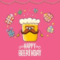 Happy Beerthday vector greeting card or print. Happy birthday party celebration poster with funky beer character and