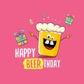 Happy Beerthday vector greeting card or print. Happy birthday party celebration poster with funky beer character and