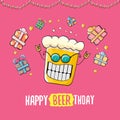 Happy Beerthday vector greeting card or print. Happy birthday party celebration poster with funky beer character and