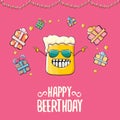 Happy Beerthday vector greeting card or print. Happy birthday party celebration poster with funky beer character and