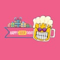 Happy Beerthday vector greeting card or print. Happy birthday party celebration poster with funky beer character and