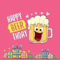 Happy Beerthday vector greeting card or print. Happy birthday party celebration poster with funky beer character and