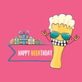 Happy Beerthday vector greeting card or print. Happy birthday party celebration poster with funky beer character and