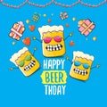 Happy Beerthday vector greeting card or print. Happy birthday party celebration poster with funky beer character and