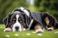 Happy Bernese Mountain dog puppy lying in the grass Royalty Free Stock Photo