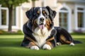 Happy Bernese Mountain dog puppy lying in the grass Royalty Free Stock Photo