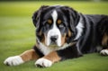 Happy Bernese Mountain dog puppy lying in the grass Royalty Free Stock Photo