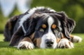 Happy Bernese Mountain dog puppy lying in the grass Royalty Free Stock Photo