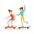 Happy Best Friends Riding Skateboards Together, Part Of Friendship Illustration Series Royalty Free Stock Photo