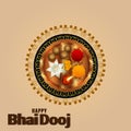 Happy bhai dooj celebration greeting card with vector illustration of puja thali on creative background