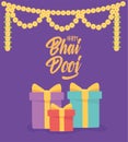 Happy bhai dooj, gift boxes flowers decoration card, indian family celebration