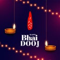 happy bhai dooj greeting card with hanging diya and lights