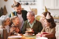 Happy big caucasian family wearing party hats celebrating grandfathers birthday indoors Royalty Free Stock Photo