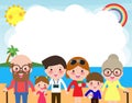 Happy big family at the beach.family on summer vacation going to the beach and having the sea. Parents and children cartoon Royalty Free Stock Photo