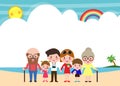 Happy big family at the beach.family on summer vacation going to the beach and having the sea. Parents and children cartoon Royalty Free Stock Photo