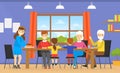 Happy Big Family Dining Together, Grandparents, Parents and Children Communicating and Having Fun Cartoon Vector Royalty Free Stock Photo