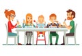 Happy big family eating dinner together vector illustration Royalty Free Stock Photo