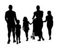 Happy big family enjoying holding hands vector silhouette isolated on white. Fathers day. Mothers day. Dad, mom and baby in pram. Royalty Free Stock Photo