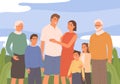 Happy big family. Kids, father, mother, and grandparents together. Generation of parents cartoon vector illustration Royalty Free Stock Photo