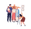 Happy big family making photo portrait on smartphone camera. Grandparents, grandchildren, relatives and little child say Royalty Free Stock Photo