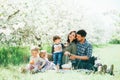 Happy big family mom dad and children daughters and son having fun outdoor in park smiling and laughing. Kids Childhood Lifestyle Royalty Free Stock Photo
