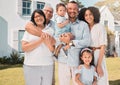 Happy, big family or portrait of children in new home, dream house or real estate with love, unity or care.Generations Royalty Free Stock Photo