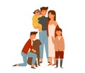 Happy big family portrait flat illustration. Wife and husband with kids. Parents, children and dog together isolated on Royalty Free Stock Photo