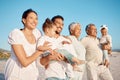 Happy, big family and relax on beach for holiday, weekend or fun vacation together in the nature outdoors. Grandparents Royalty Free Stock Photo