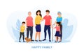 Happy big family standing together. Happy family time of father, mother, children, grandmother, grandfather and pet Royalty Free Stock Photo