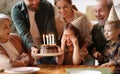 Happy big family surprising excited little girl by bringing Birthday chocolate cake with lit candles Royalty Free Stock Photo