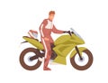 Happy biker in professional equipment sitting on modern sportbike. Smiling man on sports bike. Human and motorcycle