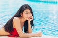 Happy bikini asian girl teen smile enjoy at swimming pool