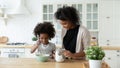 Happy biracial mom and daughter bake in kitchen together Royalty Free Stock Photo