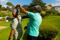 Happy biracial senior husband dancing with senior wife on grassy hill in park during sunny day Royalty Free Stock Photo