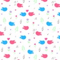 Happy birds in love seamless pattern with hearts, flowers, twigs and music notes Royalty Free Stock Photo