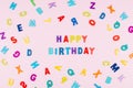 Happy Birhday Card. Bright multicolored alphabet background with word