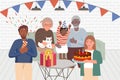 Happy Birhtday Family all ages  concept.Organize a party in the home. Mother holding cake.Grandmother held a cat.Father fireworks. Royalty Free Stock Photo